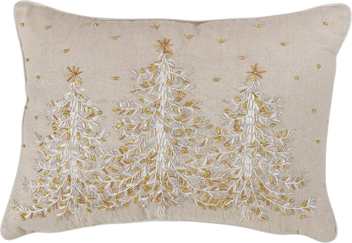 Tan Embroidered Christmas Tree Lumbar Pillow with Golden Beads