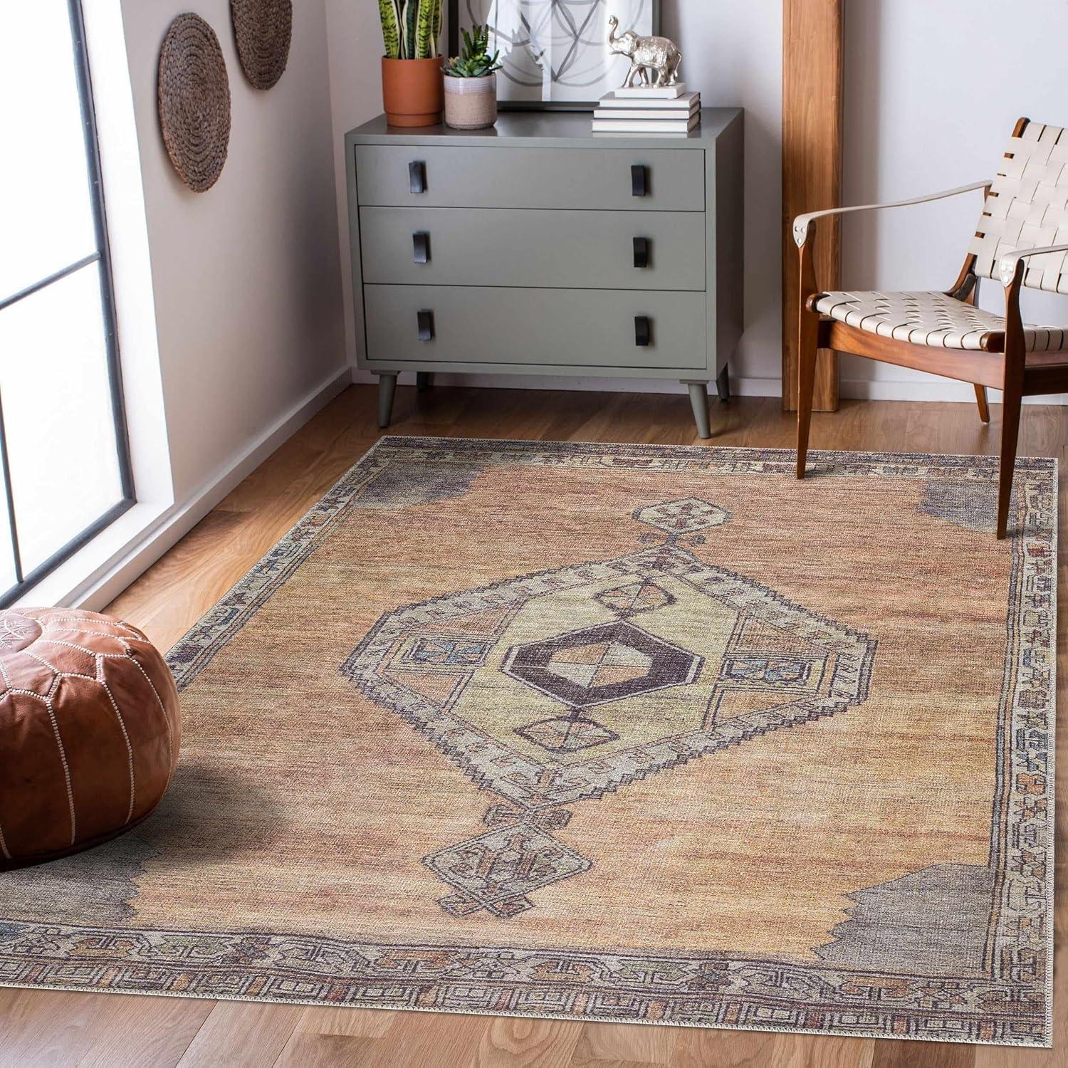 Boutique Rugs Medinah Boho Vintage Area Rug - Traditional Damask Floral Carpet for Living Room, Bedroom - Machine Washable - Dark Red, Camel, Dark Brown - 7'6" x 9'6" (8x10)