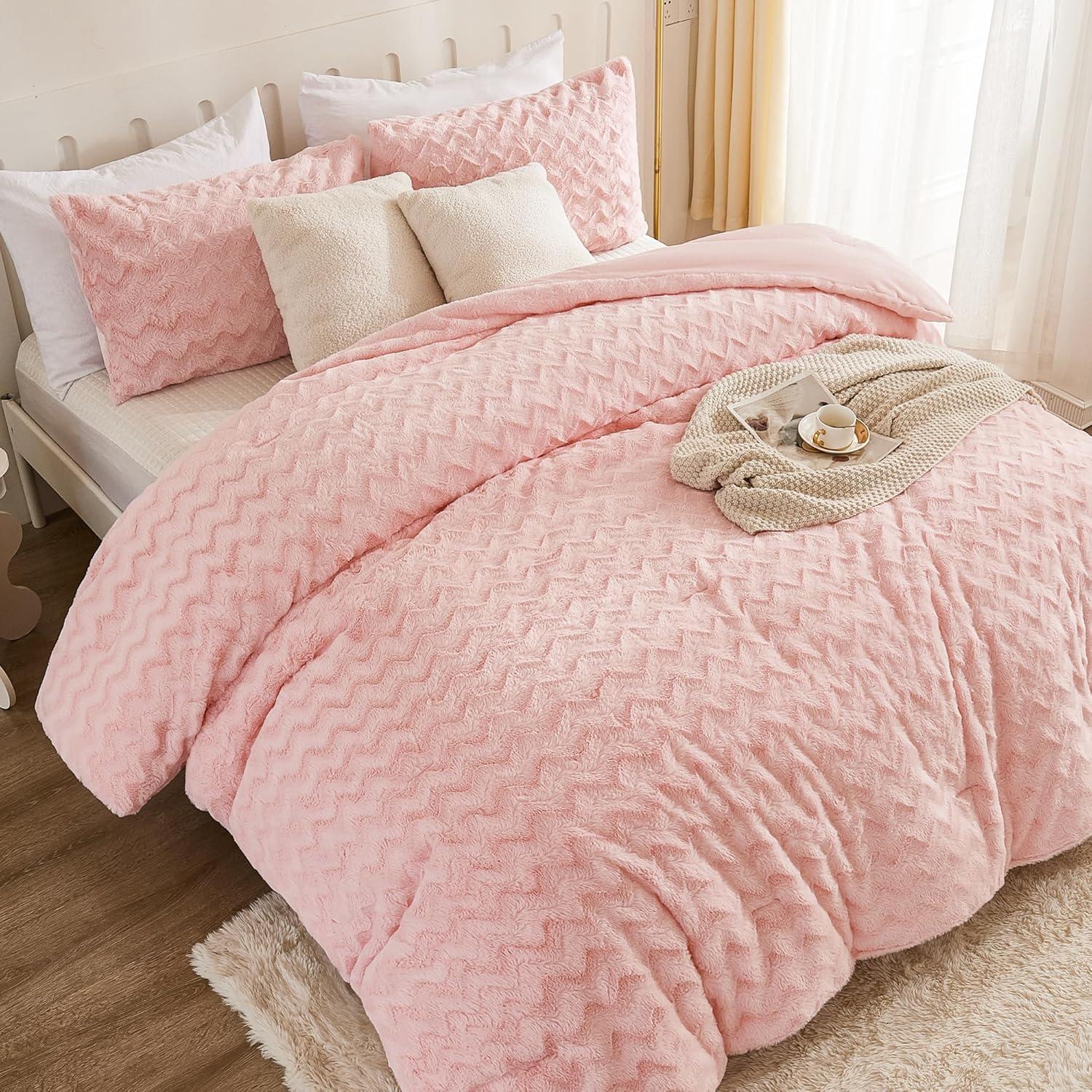 Andency Pink Faux Fur Comforter Set Full, 3 Pieces Fleece Fuzzy Shaggy Plush Sherpa Bedding Set for Women Girls, Fluffy Soft Warm Bed Set for Winter