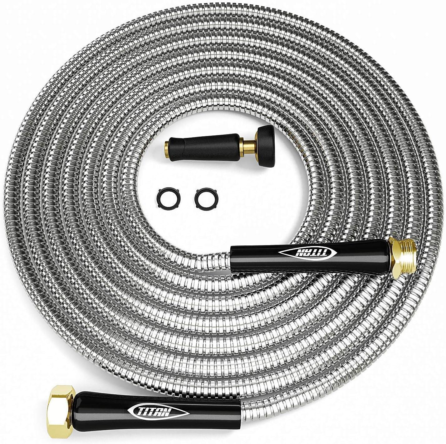 TITAN Garden Hose 100FT - 304 Stainless Steel Metal Water Hose, Flexible, Kink-Free, Lightweight, Durable, Crush Resistant Fittings, Easy to Coil, 500 PSI