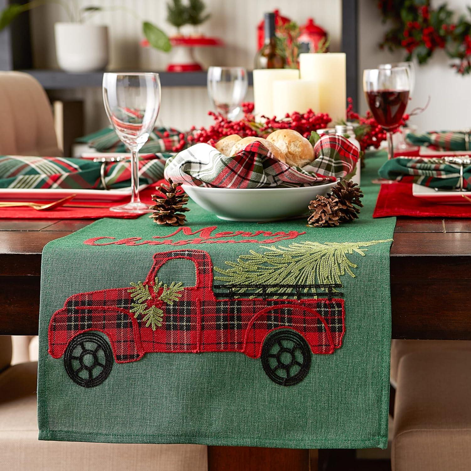 Green and Red Embroidered Christmas Truck Table Runner, 14x108