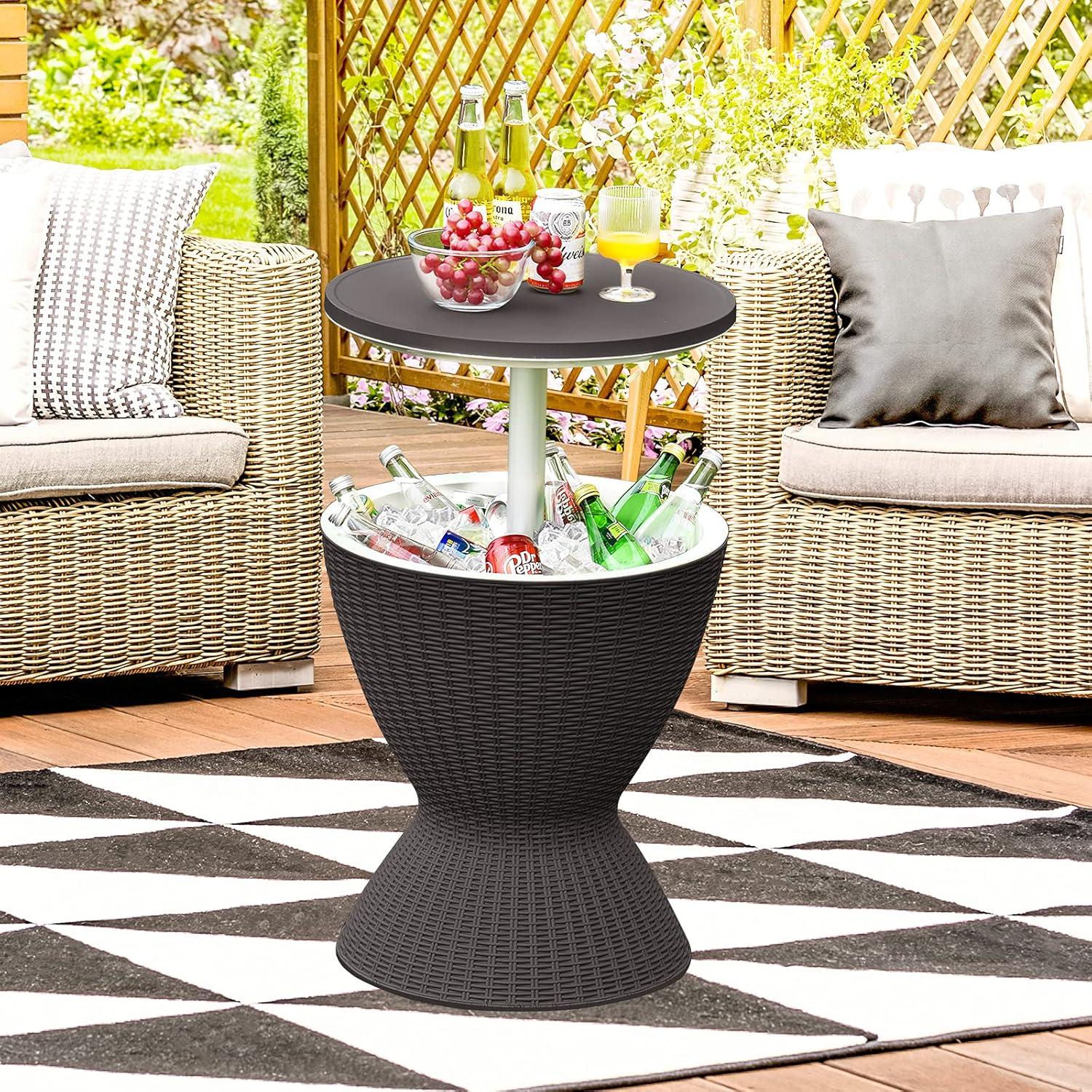 Costway 8 Gallon 3 in 1 Patio Rattan Cooler Bar Table Adjust Ice Bucket Black