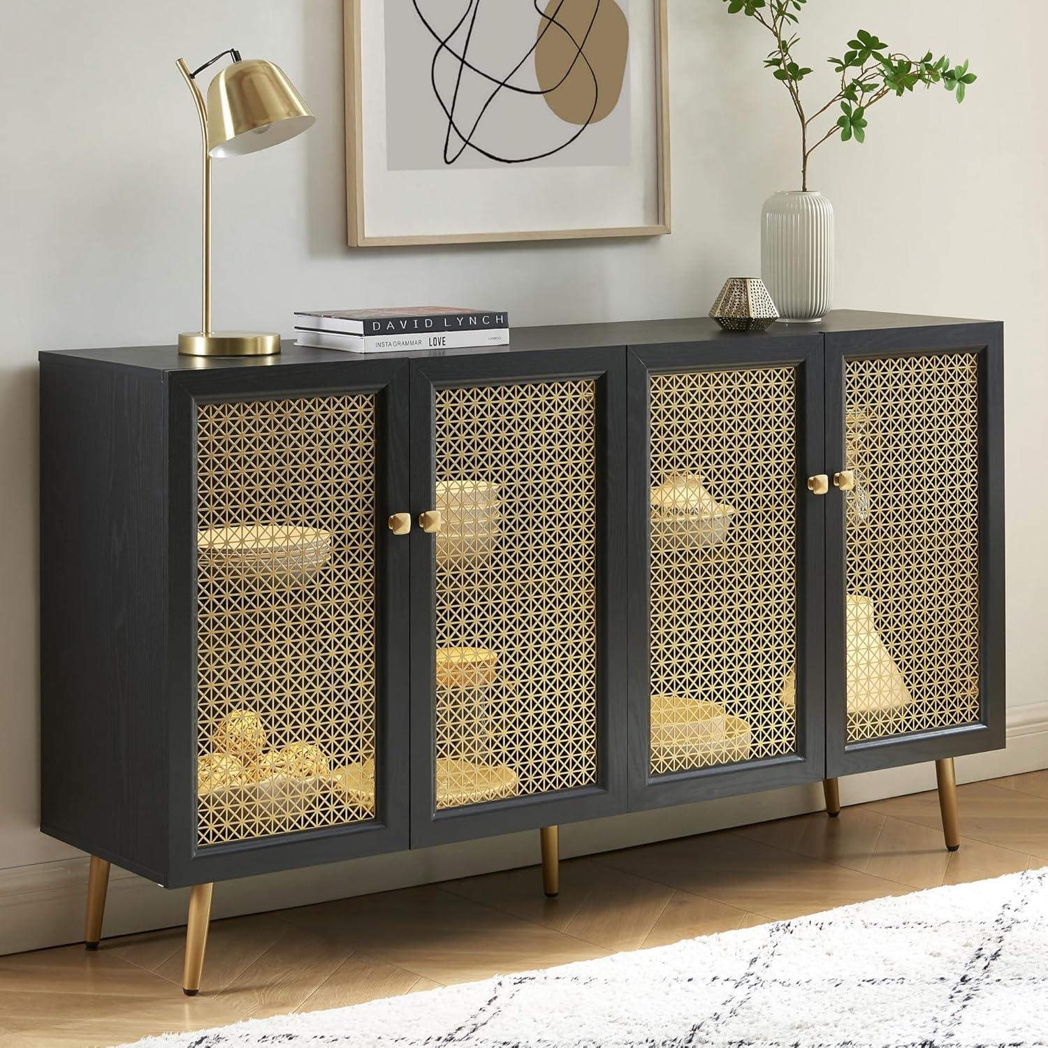 61.7''W Four Door Wood Buffets and Sideboards Storage Cabinet with LED Light Black