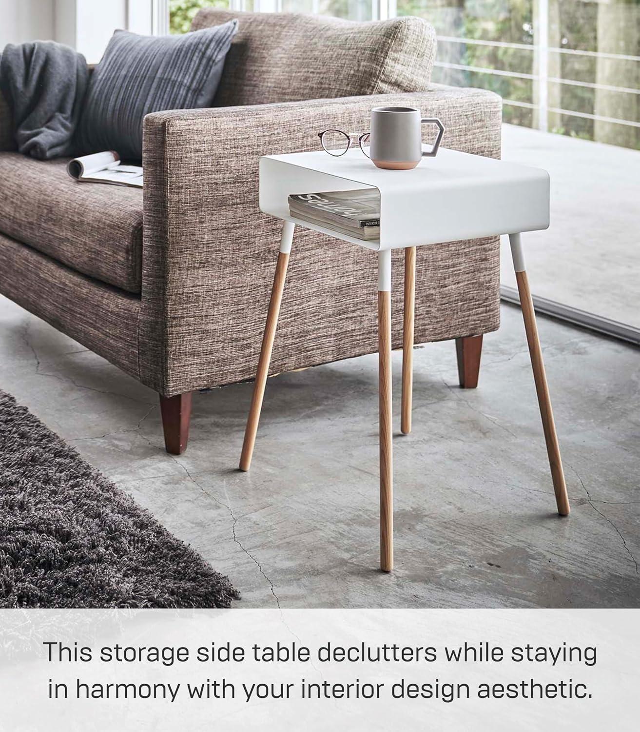 Yamazaki Home Tall Side Table With Storage Shelf, Rectangular Accent Bedside End Table, Steel + Wood