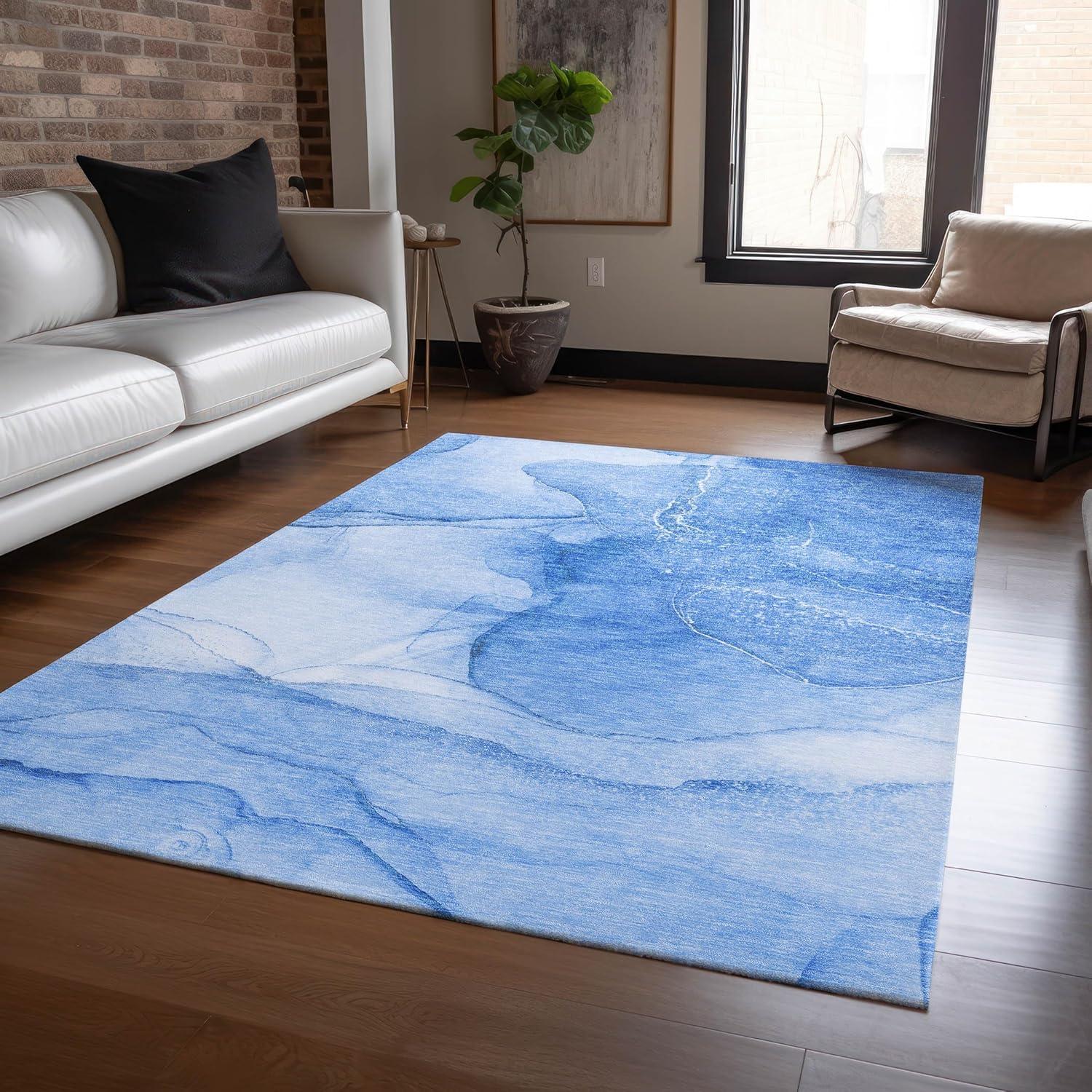 Blue Watercolor Pattern Machine Washable Indoor Outdoor Rug