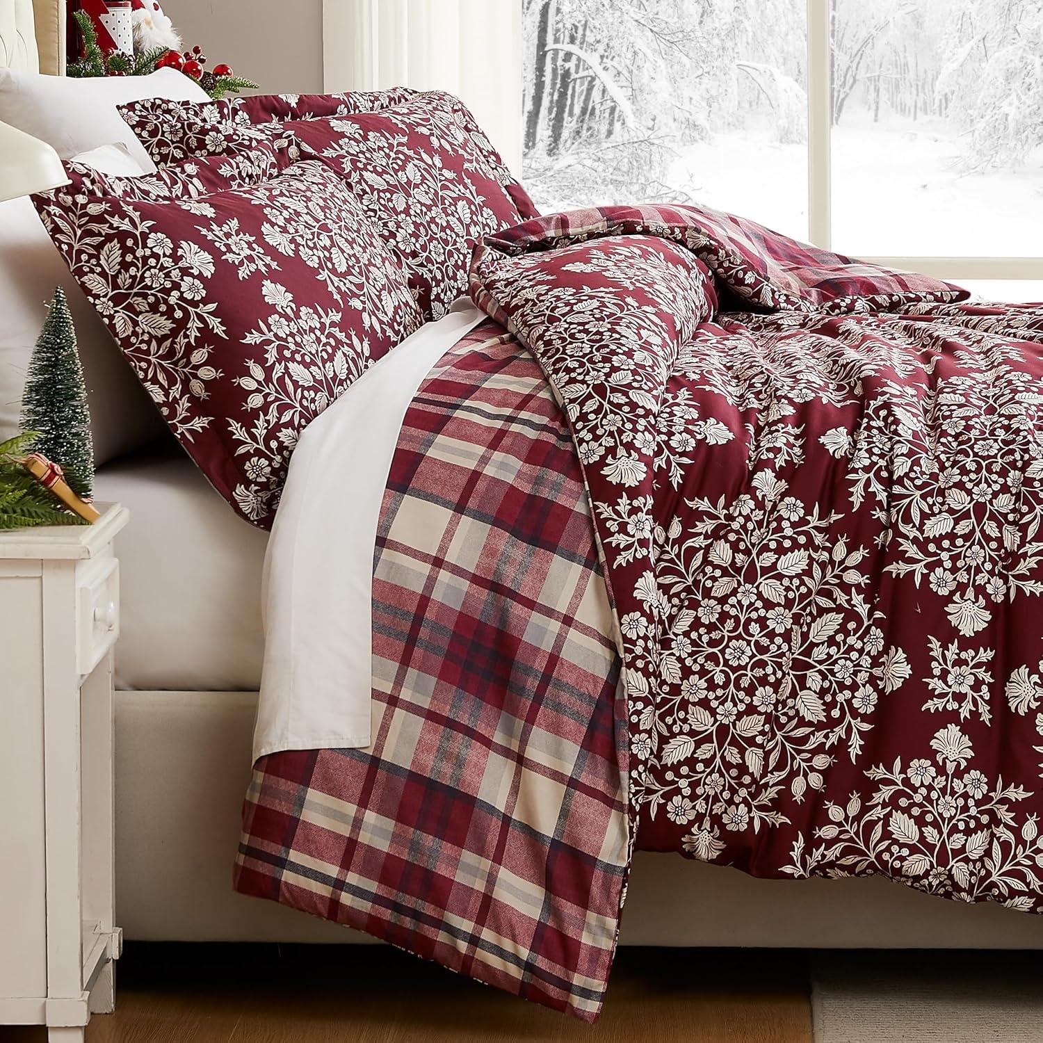 Holly and Red Plaid Reversible King/Cal King Duvet Cover Set