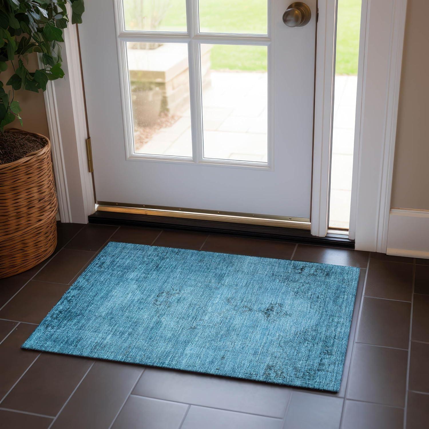 Blue Rectangular Synthetic Flat Woven Indoor Outdoor Rug