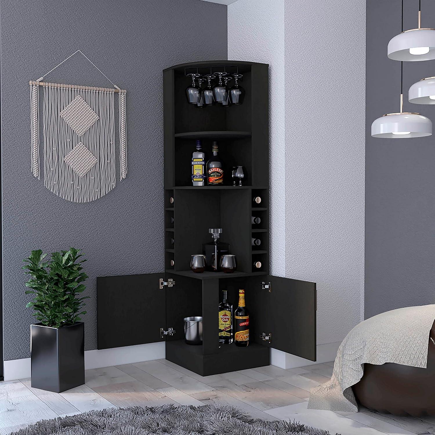 FM FURNITURE Delhi Corner Bar Cabinet Double Door Black Engineered Wood