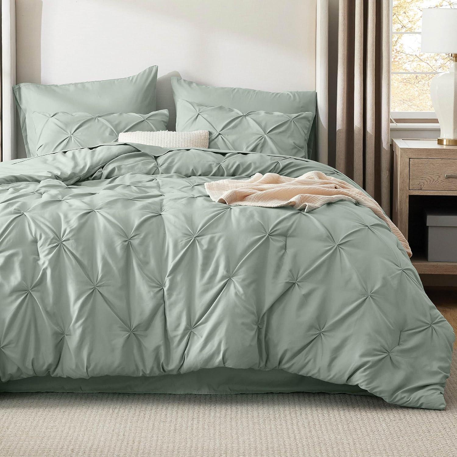 Bedsure Queen Comforter Set Sage Green - Bed in a Bag Queen Size 7 Pieces, GentleSoft™ Pintuck Bed Set Gift for Family, Pinch Pleat Sage Green Comforter with Sheets, Pillowcases & Shams