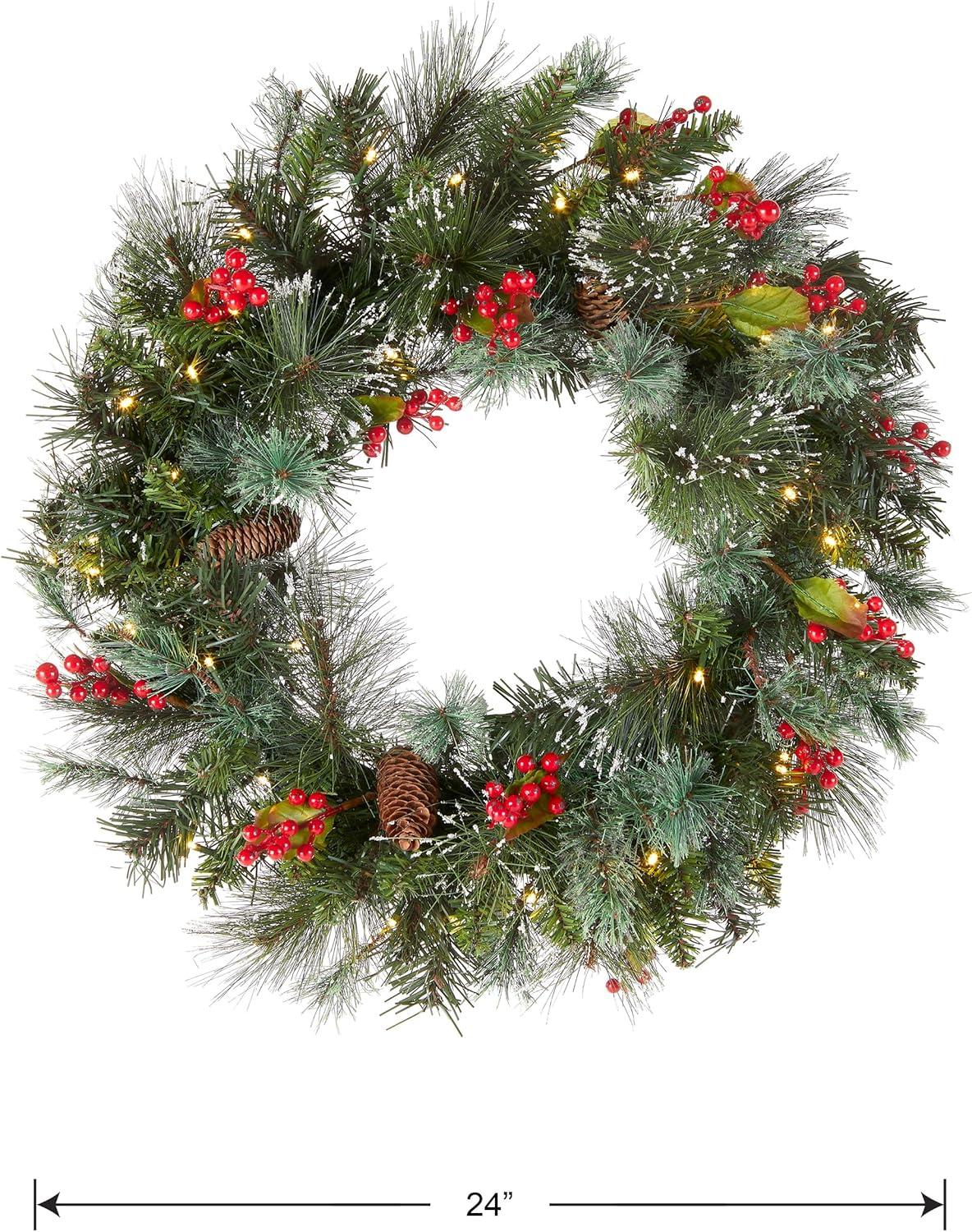 24" Prelit Flocked Crestwood Spruce Christmas Wreath with Cones White Lights - National Tree Company