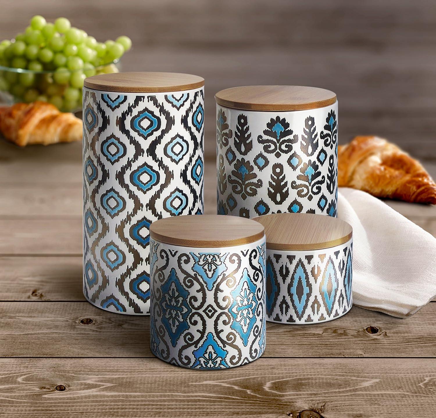 Blue and Gold Geometric Ceramic Canister Set with Wooden Lids