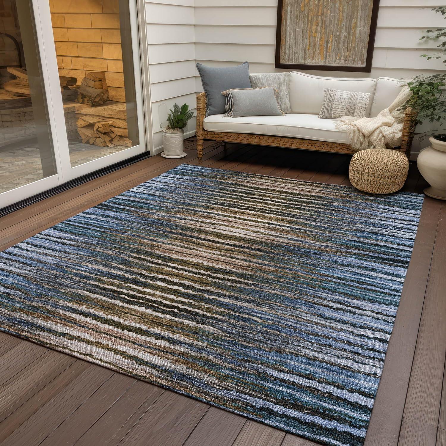 Blue and Beige Striped Synthetic Indoor Outdoor Rug 3' x 5'