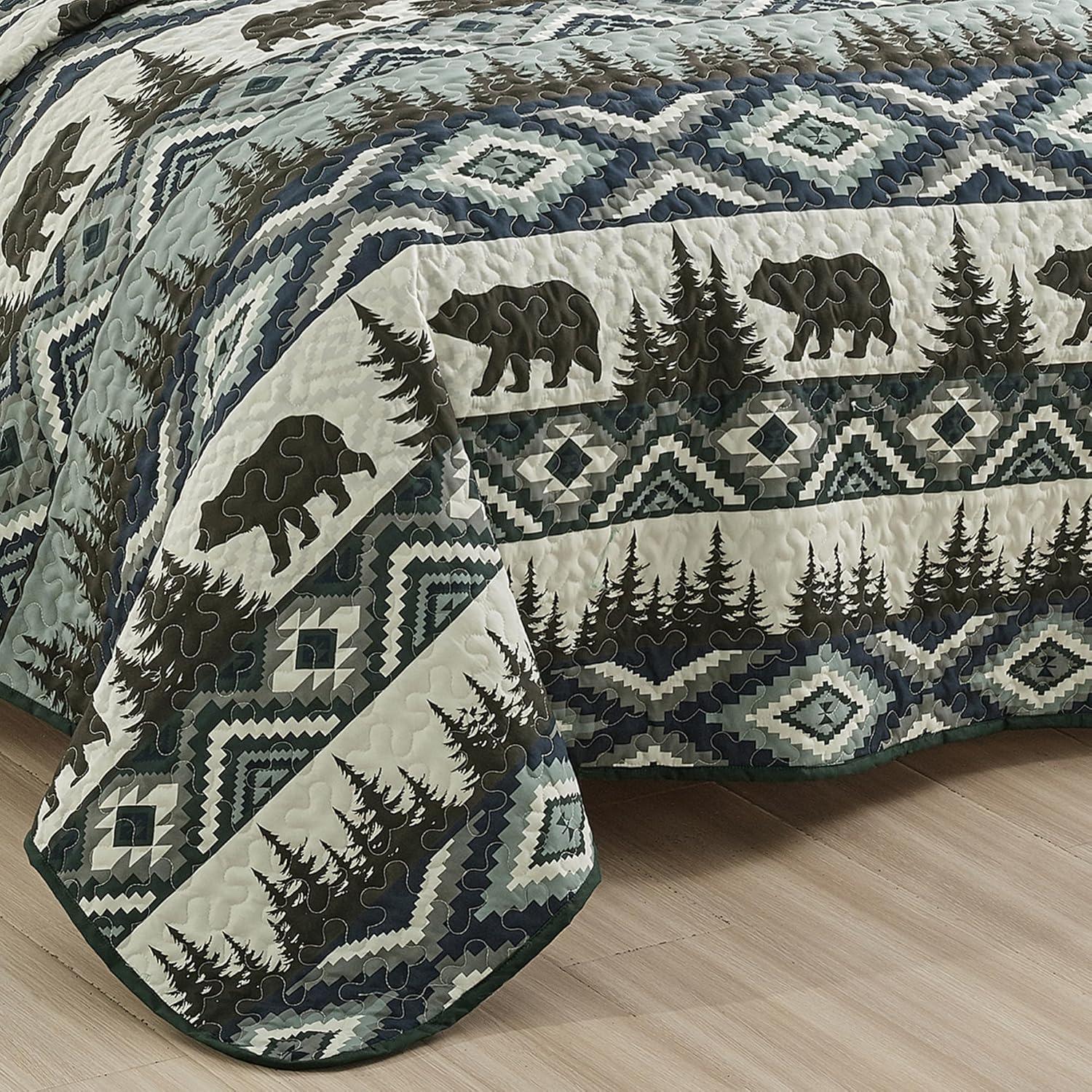 ESCA Farmhouse Boho Brown Bears Bedspread with 2 Pillow Shams - Full/Queen Size, 3-Piece Brown Rustic Cabin Lodge Quilt Set