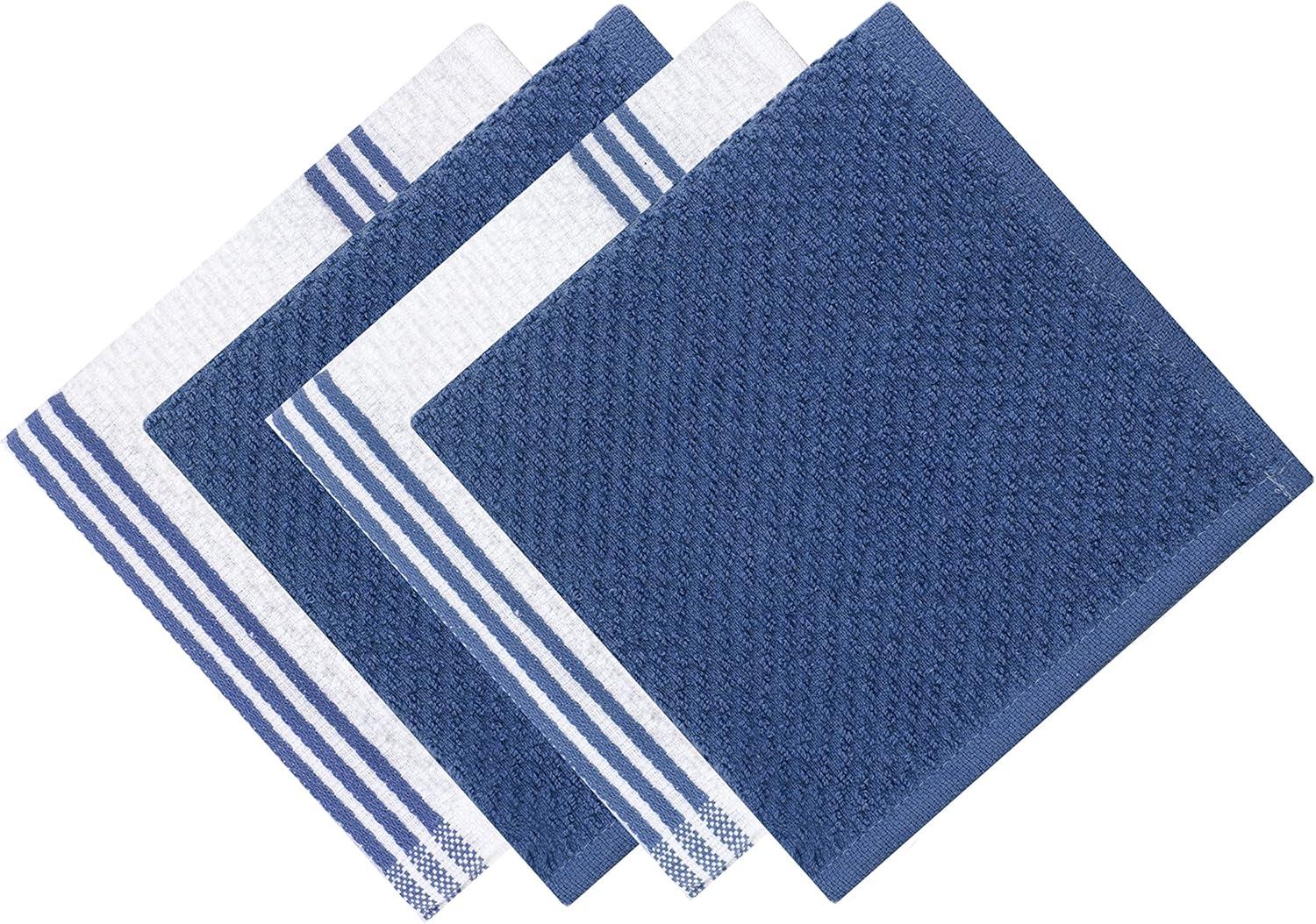 Sticky Toffee Kitchen Towels Dishcloths Oven Mitts and Pot Holders Set of 9, 100% Cotton Terry, Non-Slip Silicone, Dark Blue