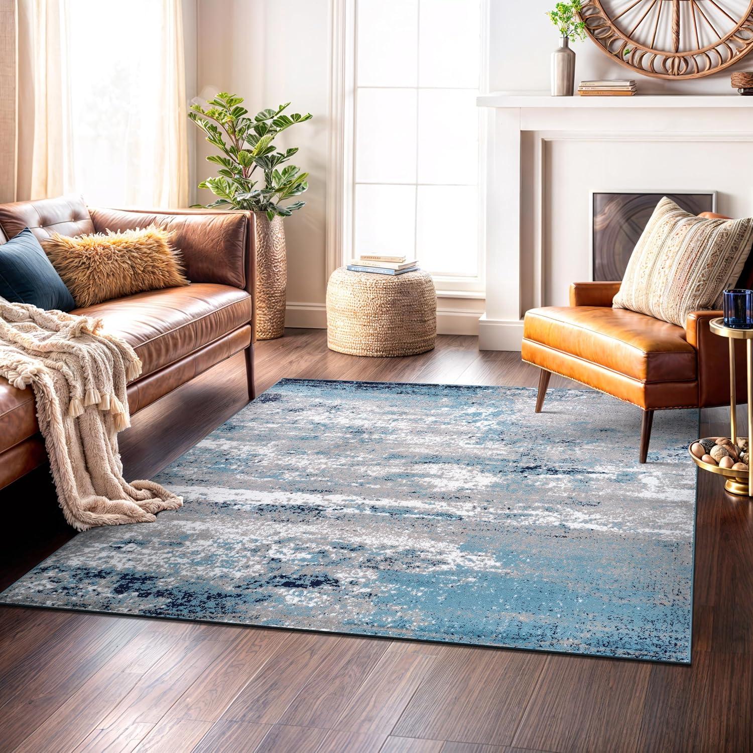 World Rug Gallery Distressed Abstract Watercolor Area Rug - Blue 6'6"x6'6"