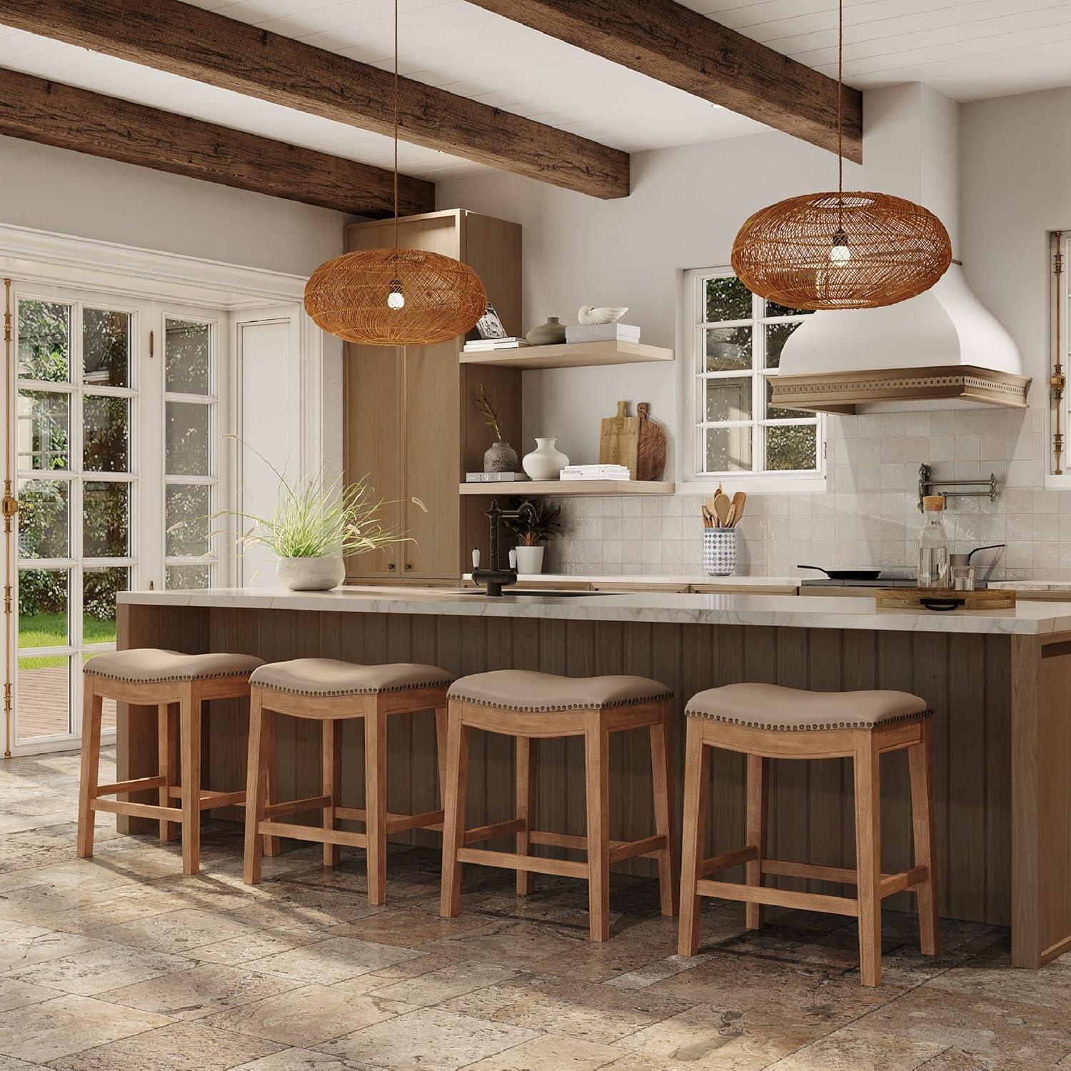 Maven Lane Adrien Saddle Kitchen Counter Stool in Weathered Oak w/ Avanti Bone Vegan Leather