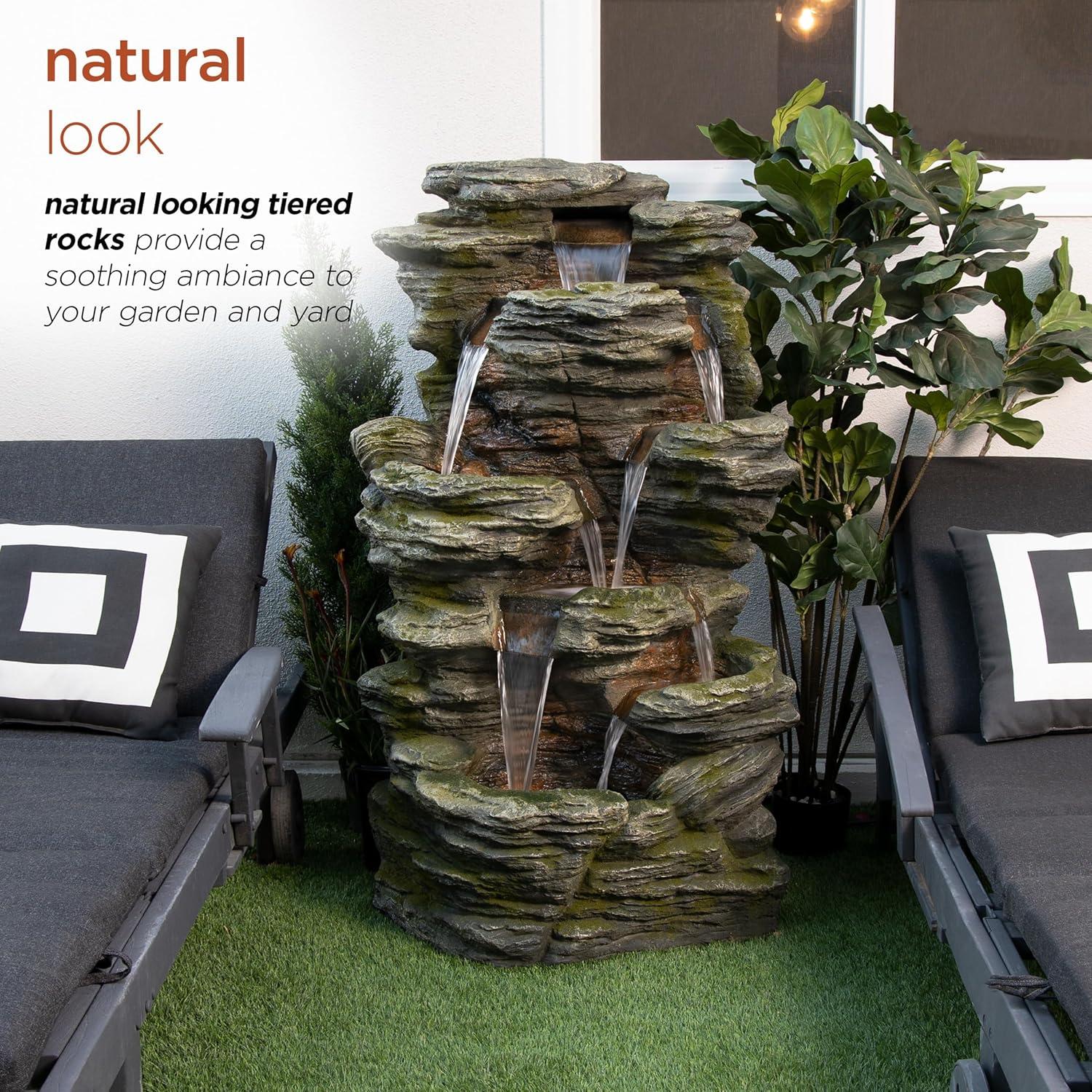 51" Resin Rock Cascading Fountain with LED Lights Gray - Alpine Corporation: Waterfall Feature, Birdbath