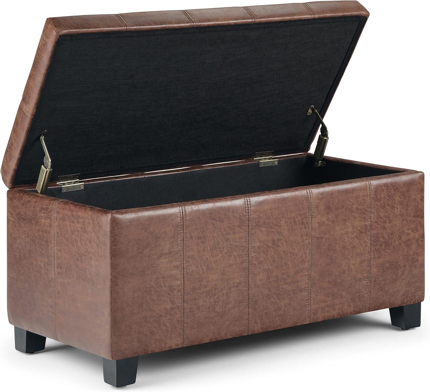 Simpli Home Dover Faux Leather Storage Ottoman Bench in Umber Brown