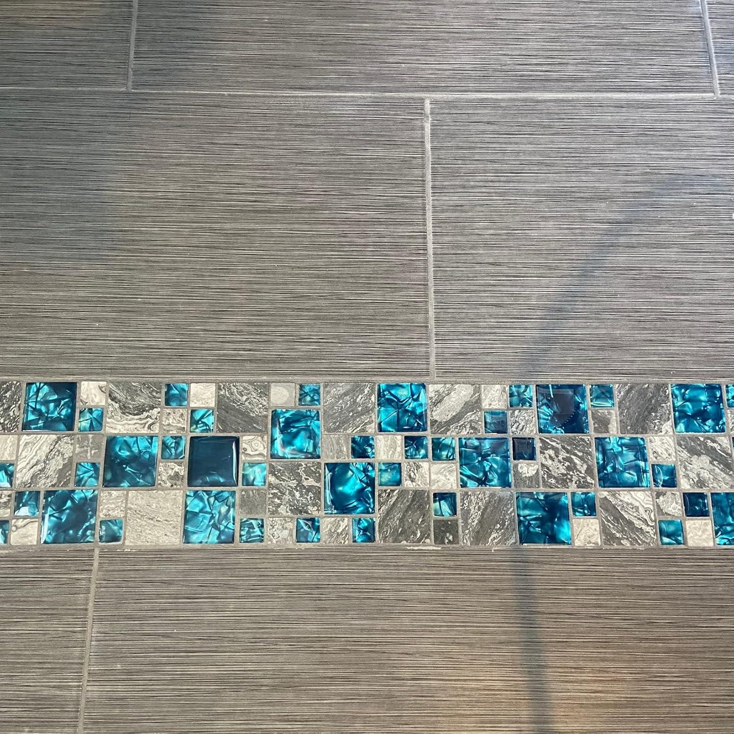 Premium Teal Blue Crystal Glass & Grey Stone Tile Modern Bathroom Shower Wall Versaille Patterns Mosaic for Kitchen Fireplace Decor (3"x12" Sample)