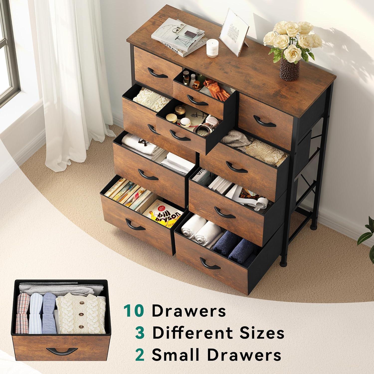 Earthy Brown 10-Drawer Vertical Fabric Dresser with Metal Frame