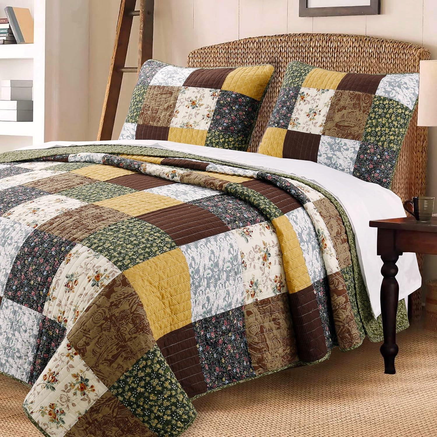 King Size Brown and Green Cotton Patchwork Quilt Set