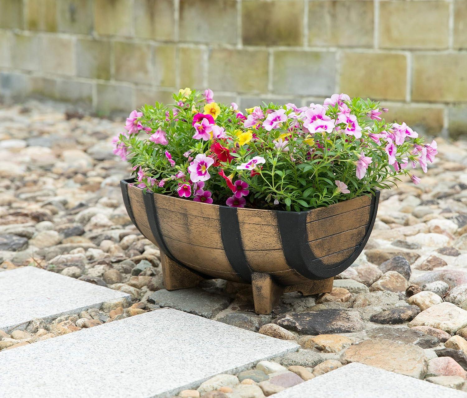 Gardenised Rustic Wood- Look Plastic Half Barrel Flower Pot Garden Planter, Pack of 2