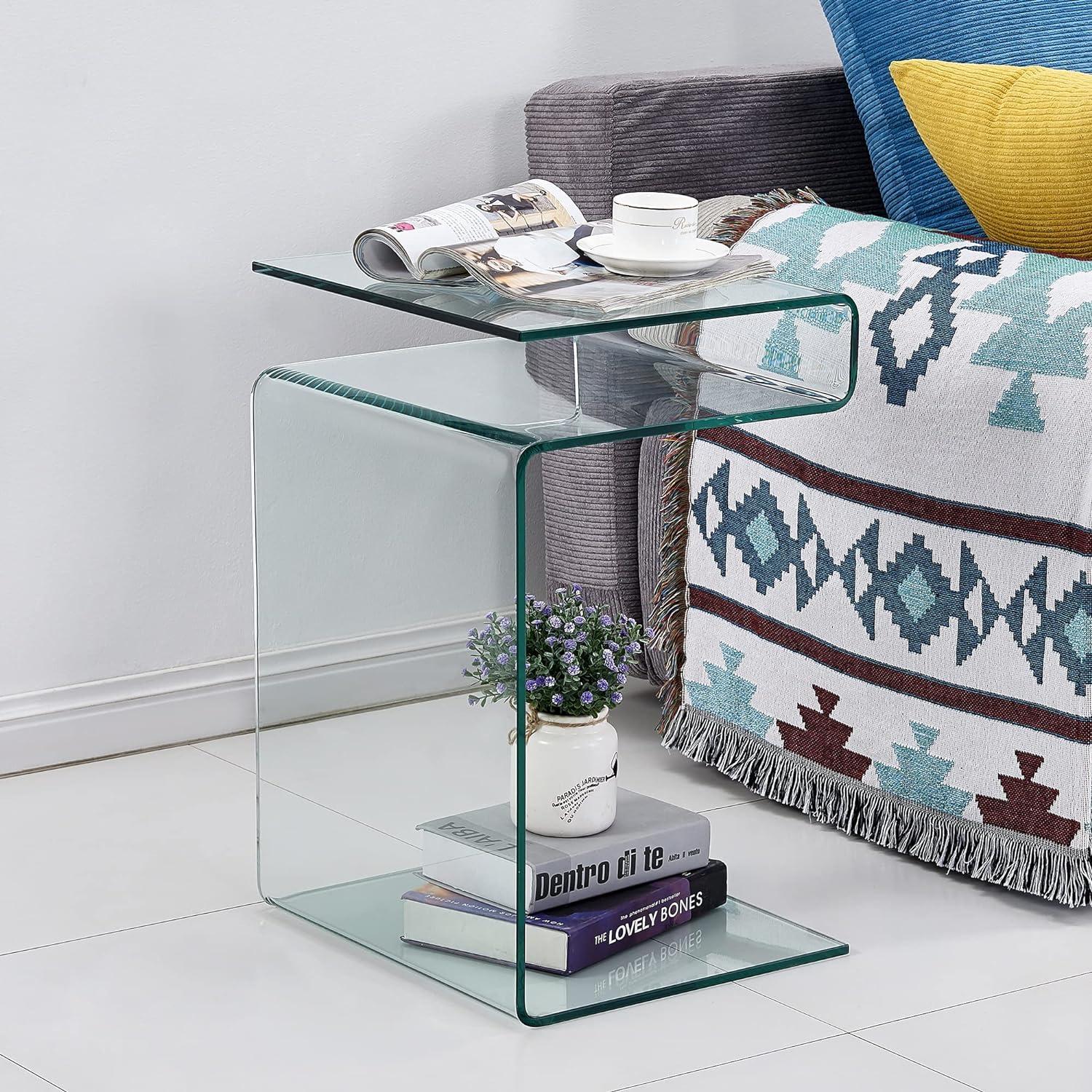 Glass Nightstand End Table, Clear S shape Side Tables Small Glass Tables for Living Room or Bedroom Chlorene