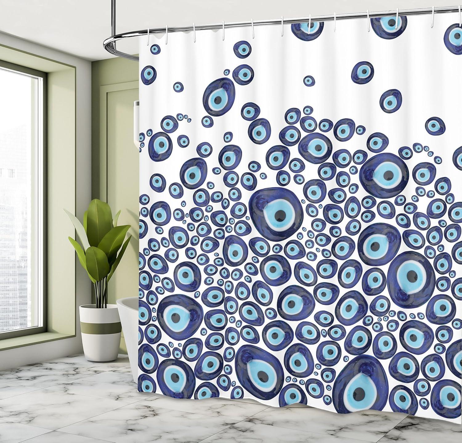 Dark Blue and Pale Blue Evil Eye Fabric Shower Curtain