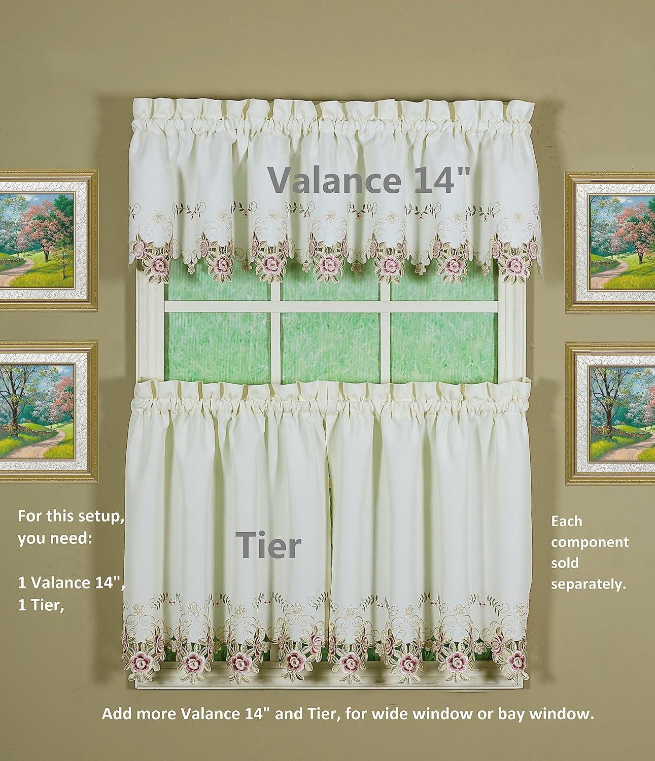 Today's Curtain Verona Reverse Embroidery Valance, 14", Ecru/Rose, 60" W X 14" L