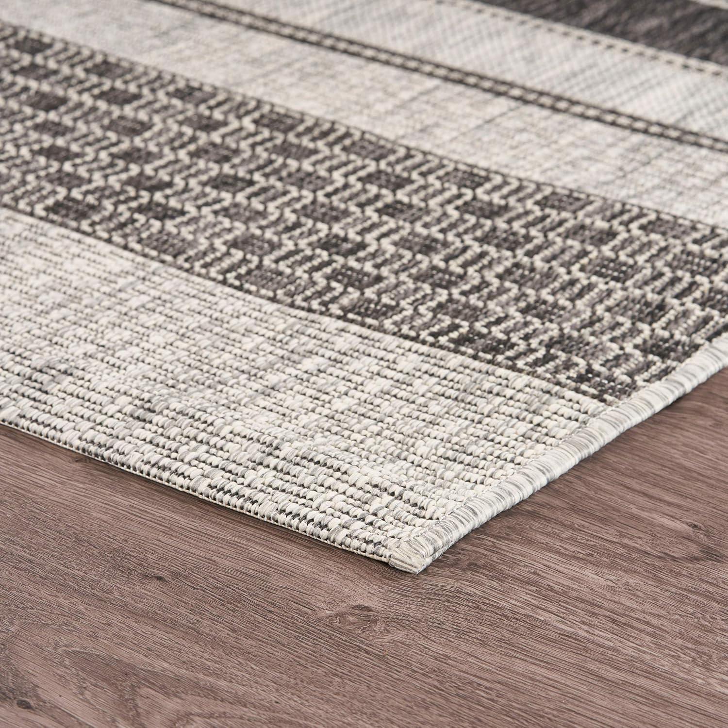 Grey and Black Stripe Synthetic Rectangular Rug