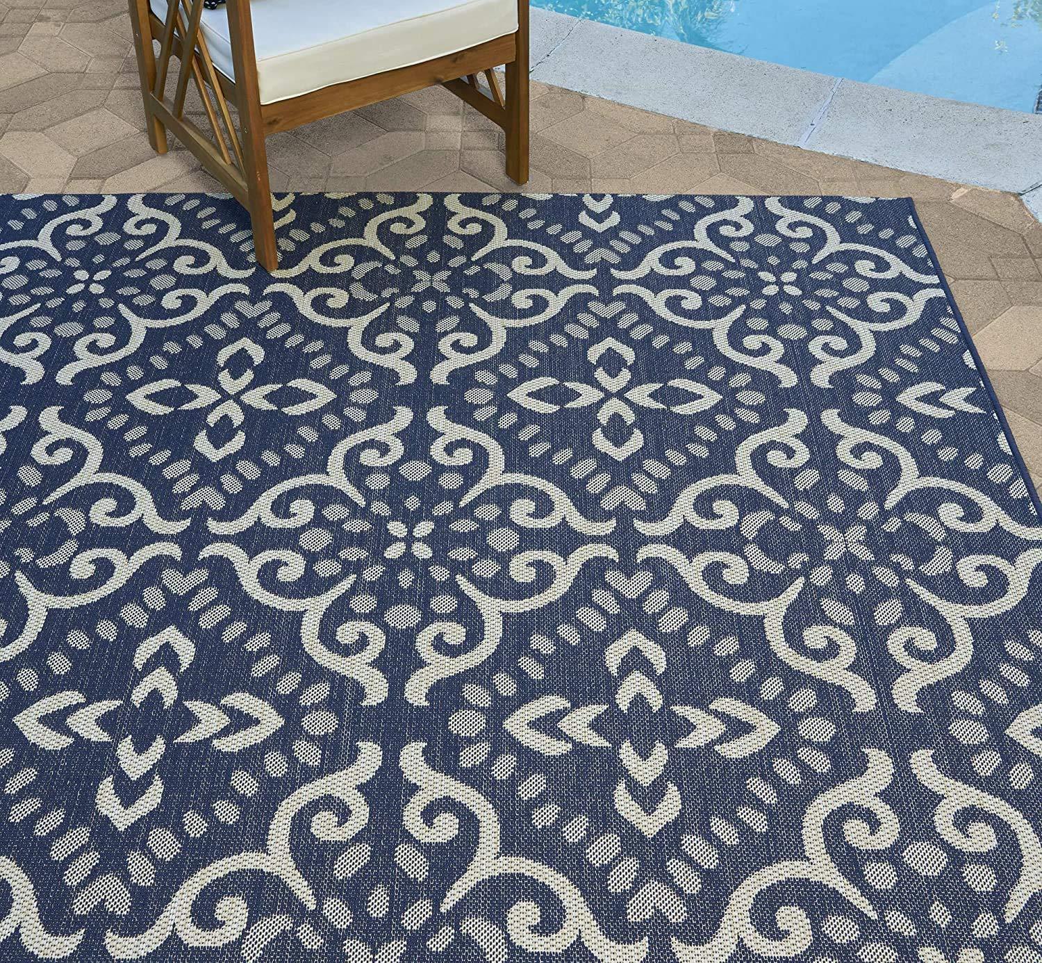 Gertmenian 21571 Outdoor Rug Freedom Collection Nautical Themed Smart Care Deck Patio Carpet 8x10 Large, Floral Medallion Navy Blue