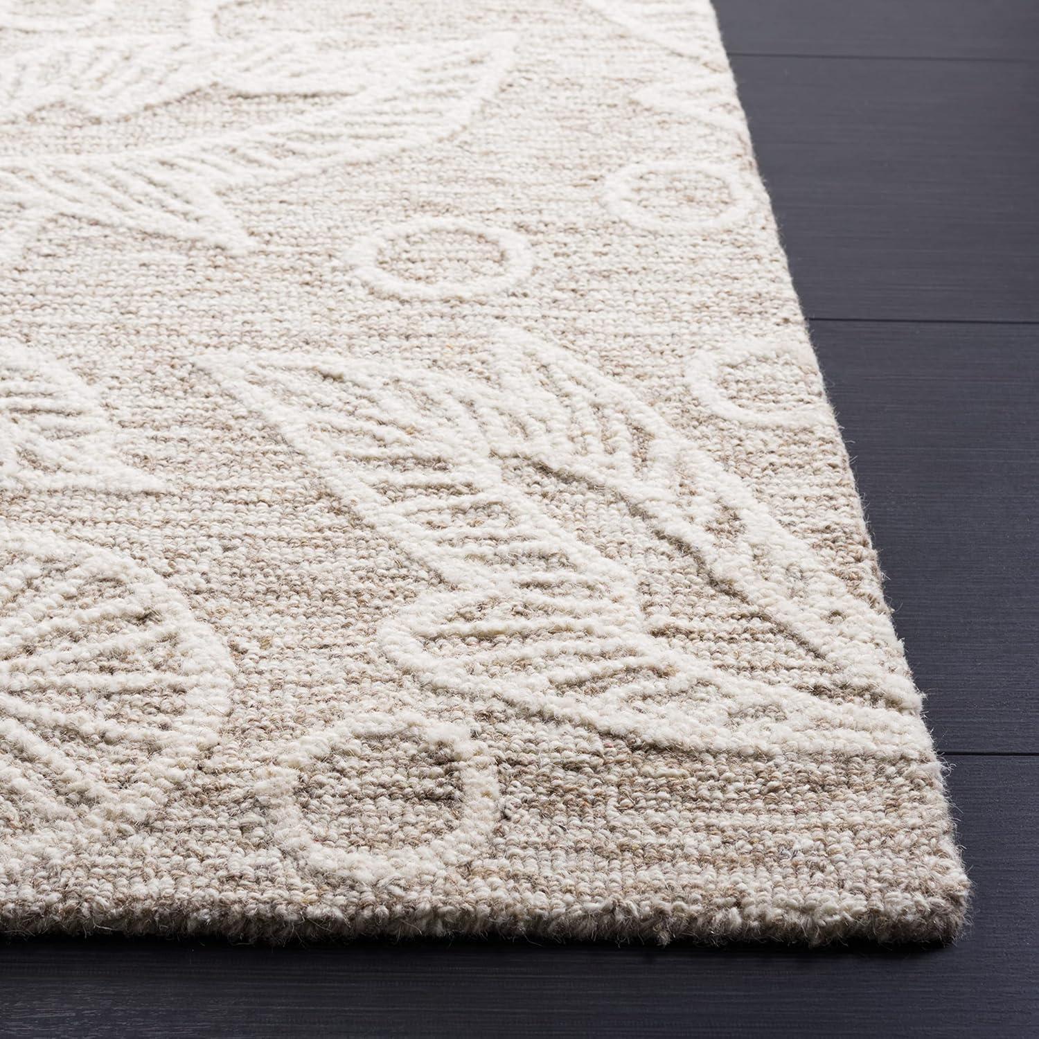 Handcrafted Natural Ivory Floral Wool Area Rug, 8' x 10'