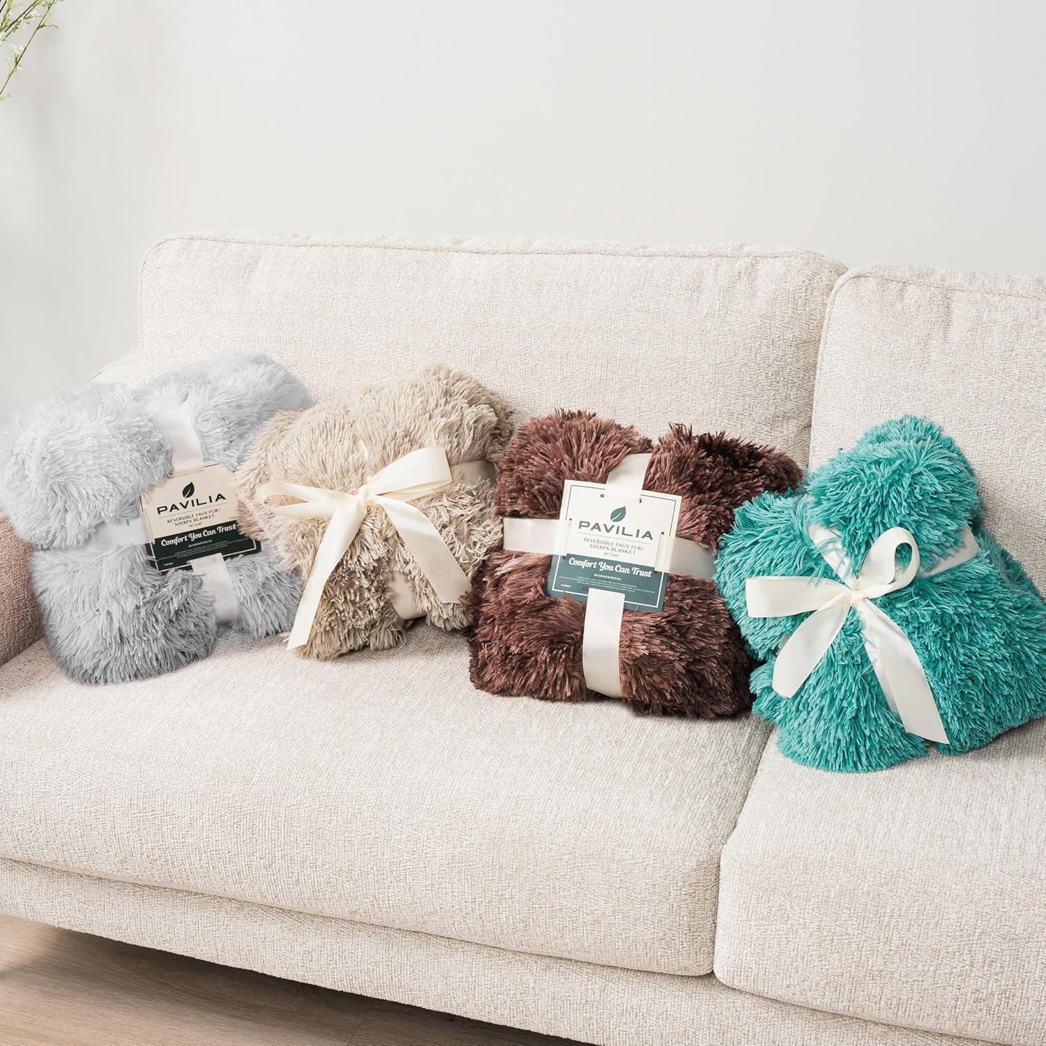 PAVILIA Fluffy Faux Fur Reversible Throw Blanket for Bed, Sofa, and Couch, Light Gray/Throw - 50x60