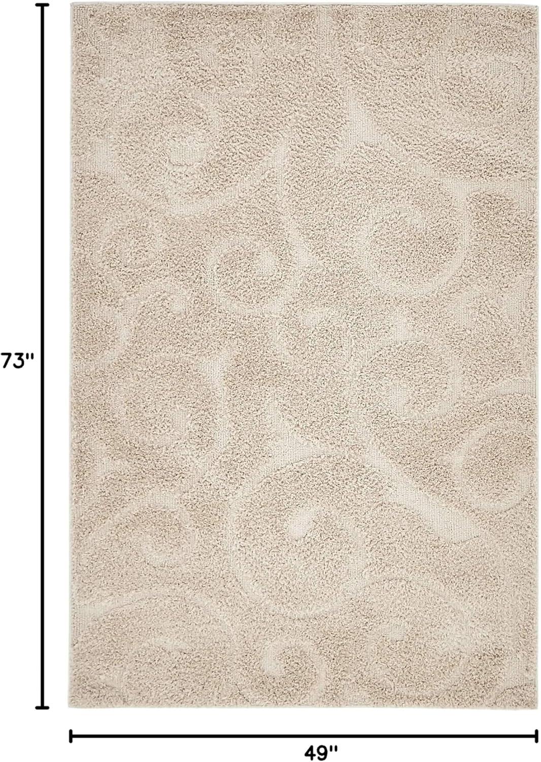 Elegant Beige Floral Shag Area Rug, 4' x 6', Easy Care Synthetic