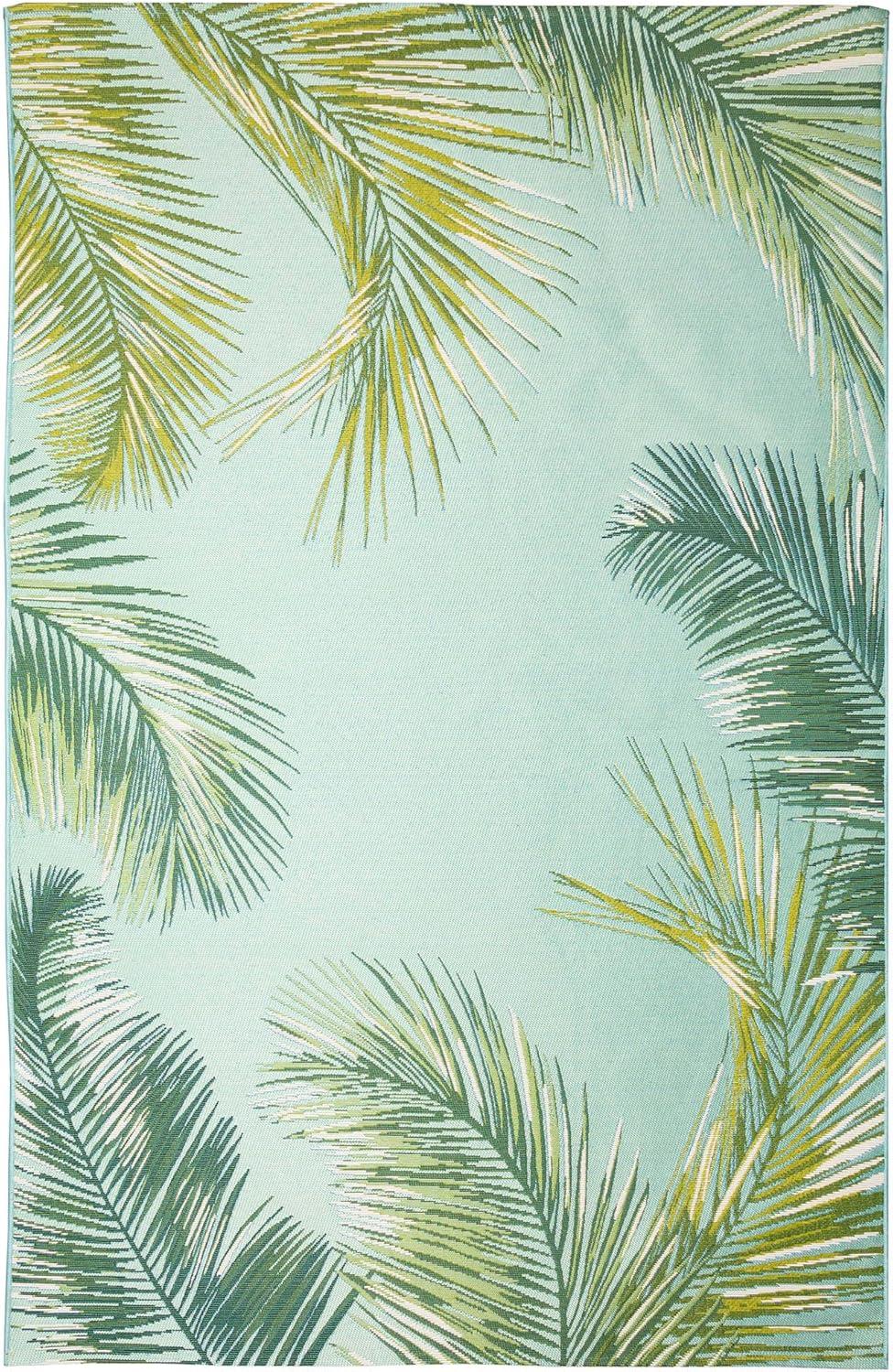 Aqua and Green Palm Leaf Indoor/Outdoor Rectangular Rug