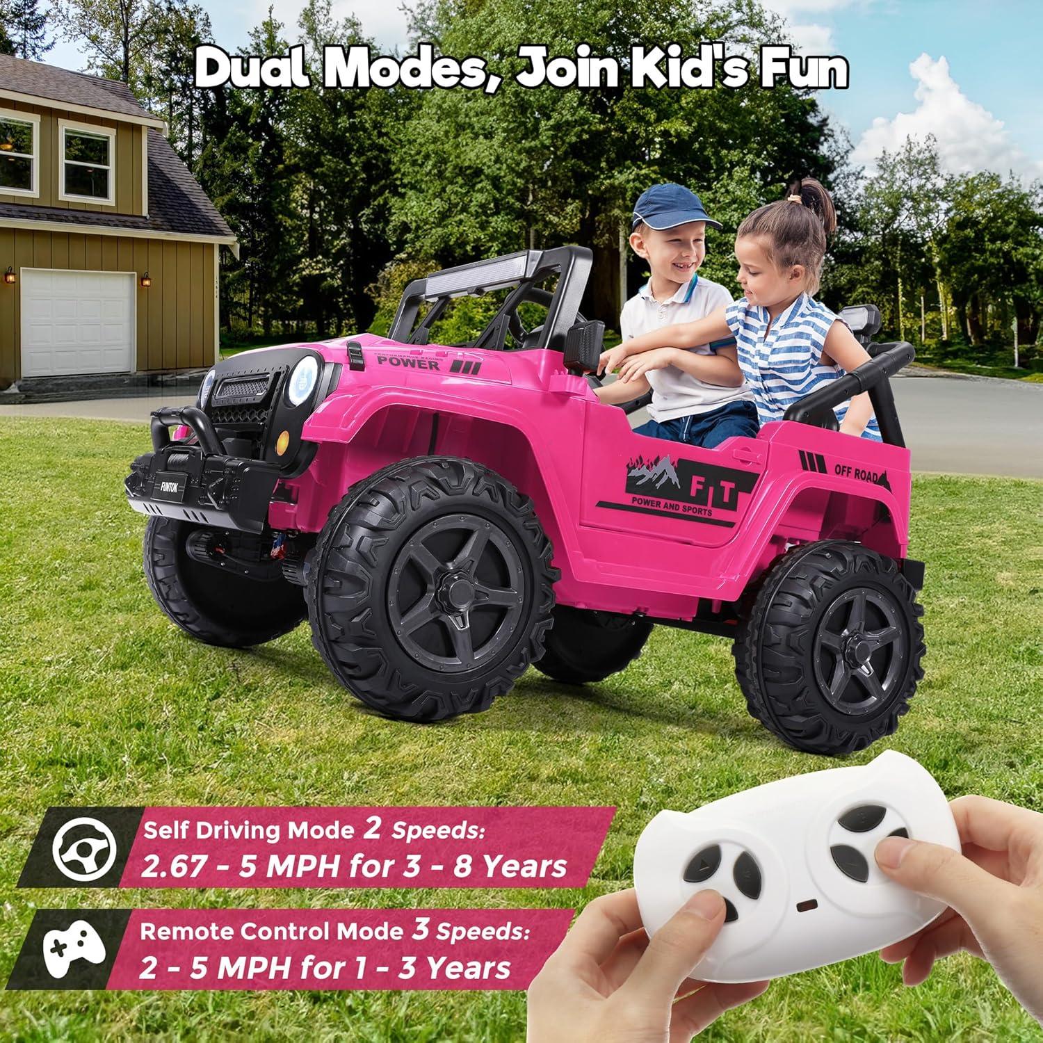 FUNTOK 24 Volt 2 Seater Kids Ride on Truck w/ 20 " Large Seat, 4 x 200W Motor Electric Vehicle Car, 4WD/2WD Switchable Battery Powered Ride on Toy, 3 Speeds with Remote Control & LED Lights, Pink