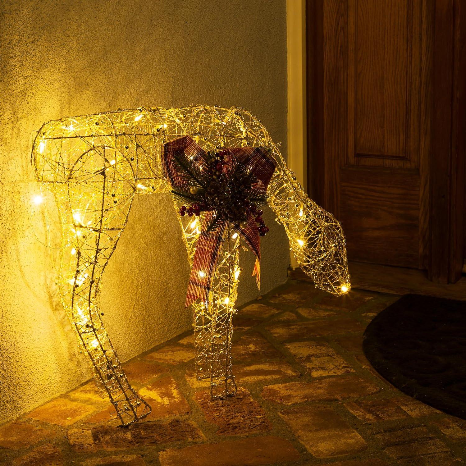 Gold Mesh Reindeer with LED Lights and Festive Bow