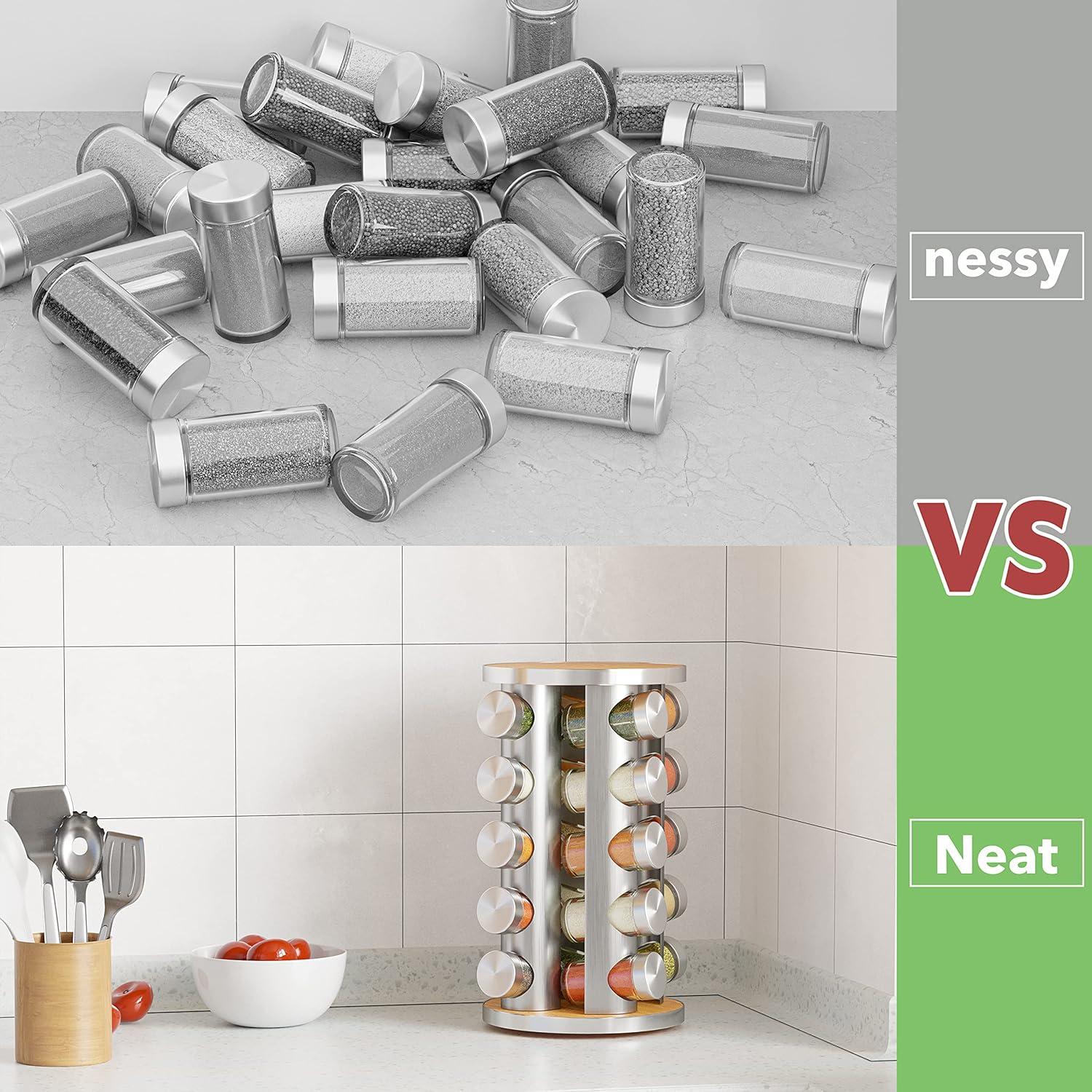 New England Stories Revolving Spice Rack Set with 20 Spice Jars - Kitchen Spice Tower Organizer for Countertop or Cabinet, Includes 386 Spice Labels, Rotating Desktop Seasoning Organizer