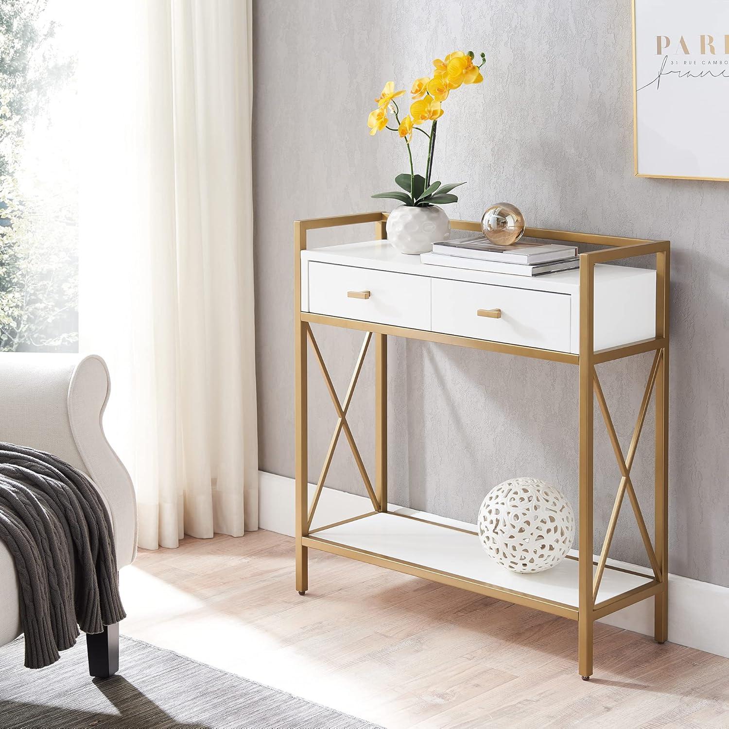 Claudette White and Gold Metal Wood Console Table with Storage