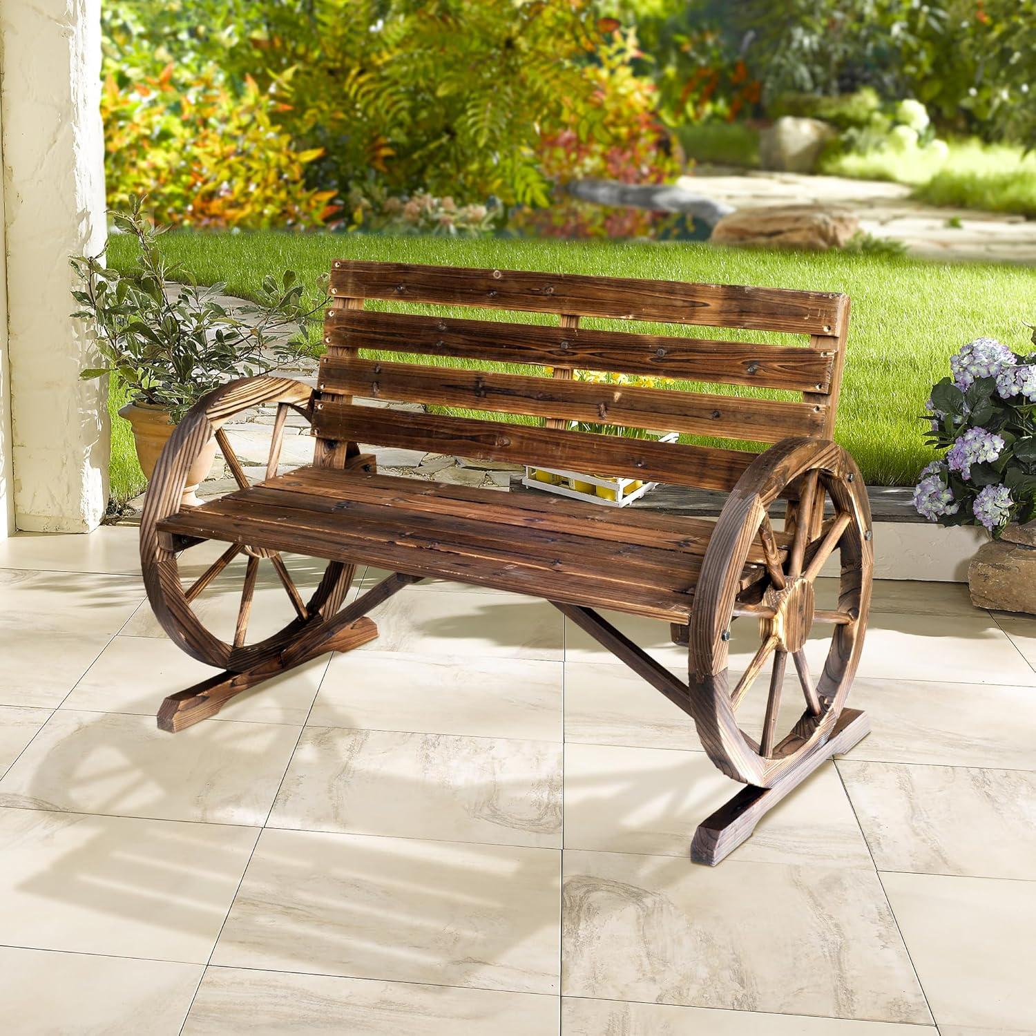 Outsunny Wooden Wagon Wheel Bench Rustic Outdoor Patio Furniture, 2-Person Seat Bench with Backrest Carbonized