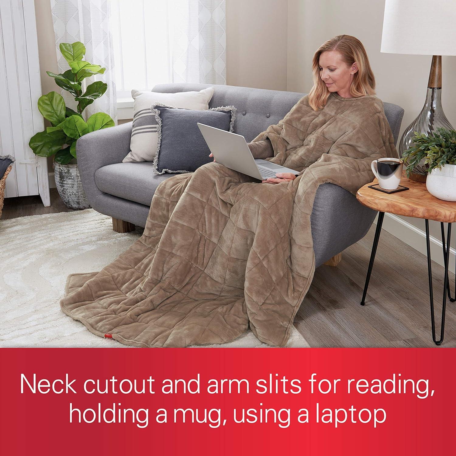 Sunbeam Extra Warm Weighted Blanket | 15 Pounds, Reversible Plush Velvet/Microfiber with Arm Slits and Neck Cutout, 54” x 73”, Mushroom