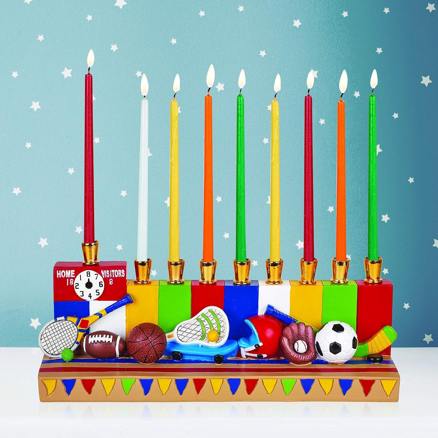 Aviv Judaica Hanukkah Sports Menorah for Kids Polyresin Chanukah Candles Menorah for Children 3D Sculptured Boys & Girls Ball Games Hanukkiah Baseball Hanukkiah Basketball Chanukiah Football Minorah