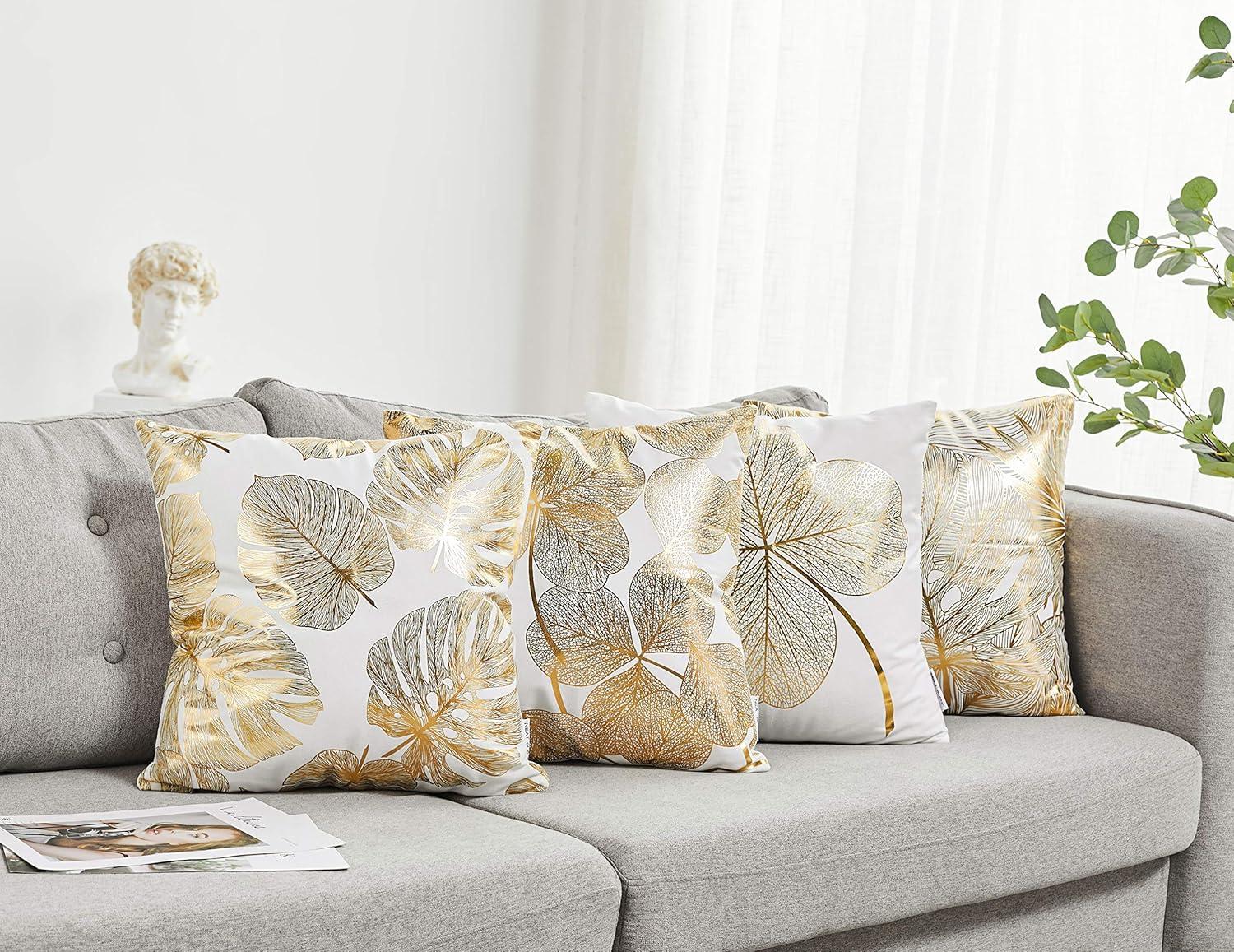 Pack of 4 Decorative Throw Pillow Case Cushion Cover Gold Stamping Leaves 18 x 18 inches 45 x 45 cm for Couch Bedroom Car