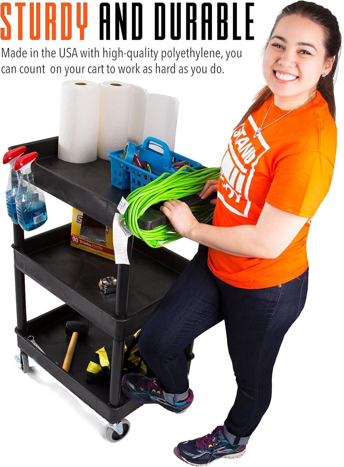 Tubstr Compact 3 Shelf Utility Cart | Heavy Duty Service Cart Supports up to 300 lbs! | Tub Cart with Deep Shelves | Great for Warehouse, Garage, Cleaning & More (3 Shelf/Black / 24 x 18)