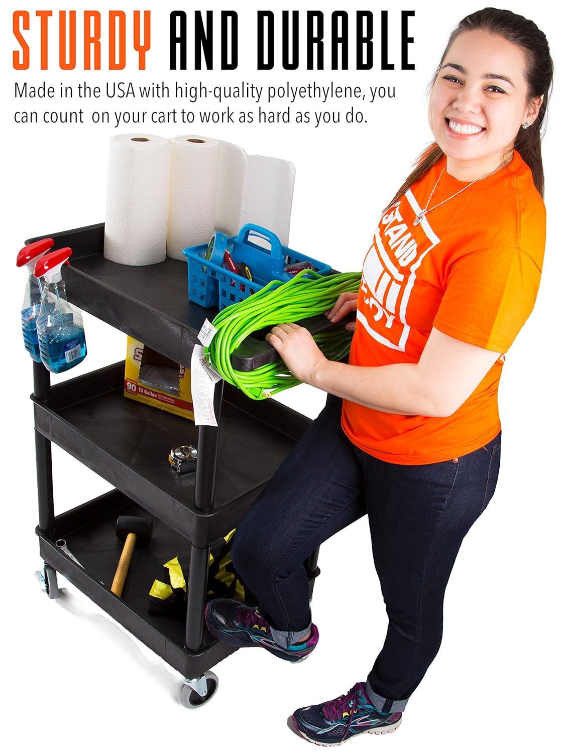 Tubstr Compact 3 Shelf Utility Cart | Heavy Duty Service Cart Supports up to 300 lbs! | Tub Cart with Deep Shelves | Great for Warehouse, Garage, Cleaning & More (3 Shelf/Black / 24 x 18)