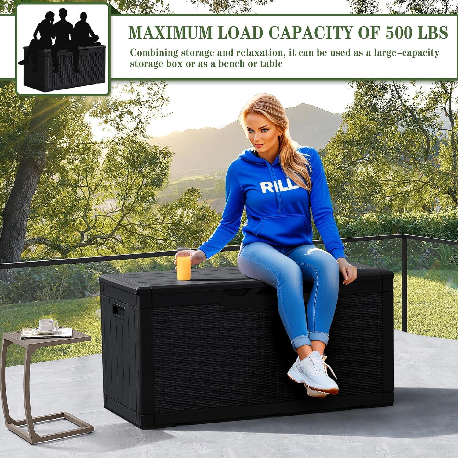 GEMBIK 100 Gallon Resin Deck Box, Large Outdoor Storage Bench with Cushions, Black