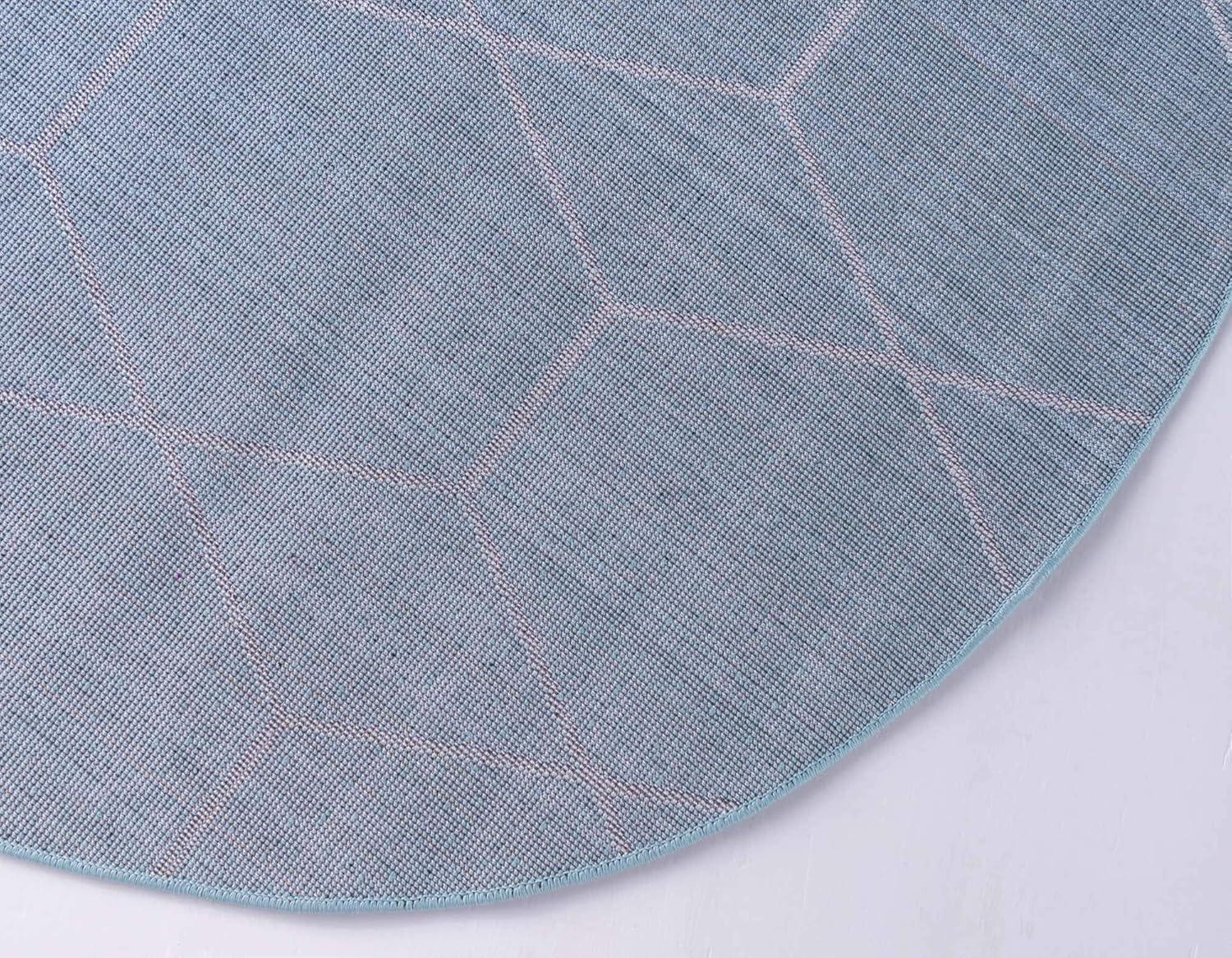 Light Blue Round Synthetic Trellis Easy Care Rug