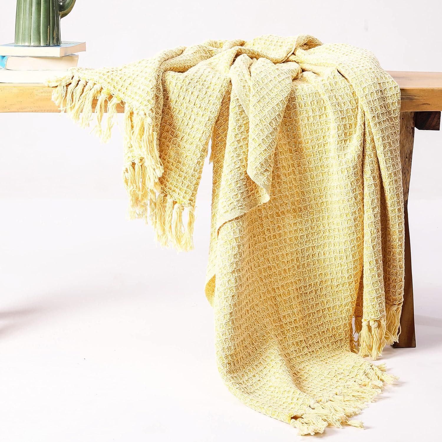 Yellow Cotton Waffle Weave Throw Blanket, 50x60 Inch