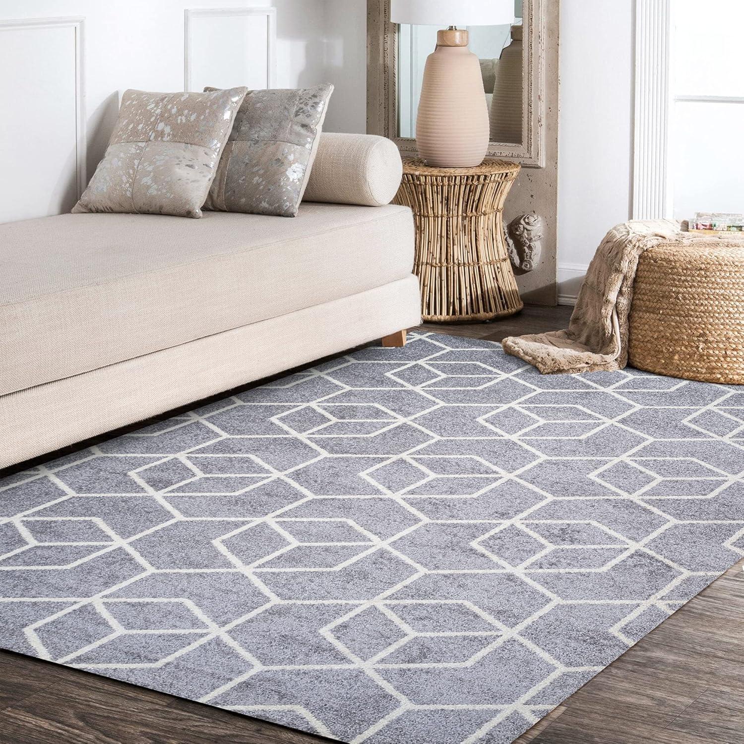 3'x5' Tumbling Blocks Modern Geometric Area Rug, Light Gray/White - JONATHAN Y