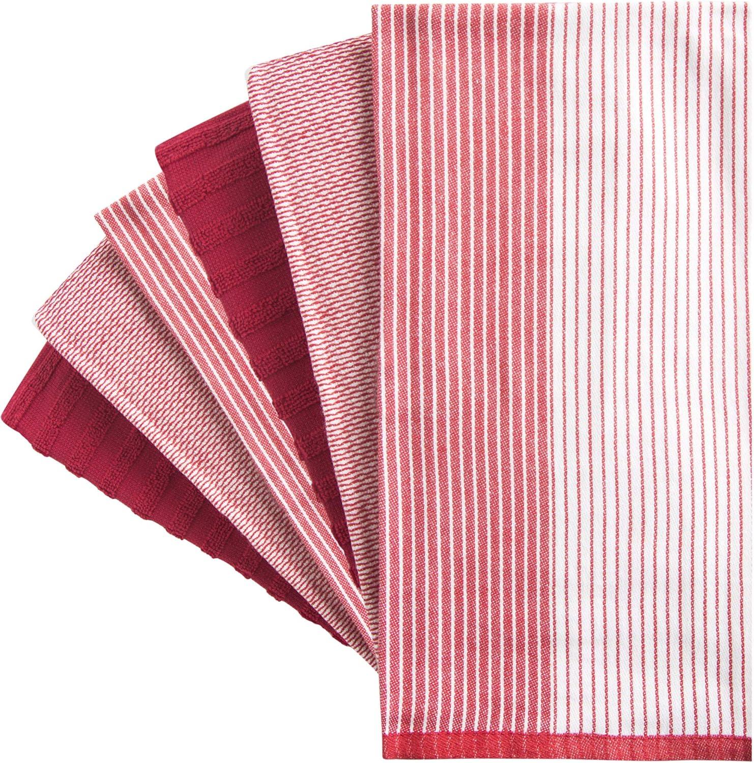 Premium Kitchen Towels (20”x 28”, 6 Pack) – Large Cotton Kitchen Hand Towels – Flat & Terry Towel – Highly Absorbent Tea Towels Set with Hanging Loop (Wide Stripe Red)